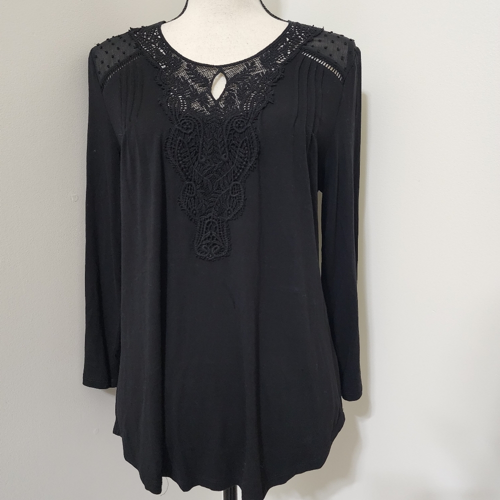 DANIEL RAINN Dalina Pleated Knit Top Crochet Swiss Dot sz M Black